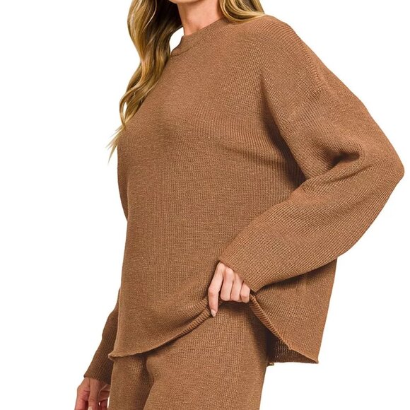 Zenana Round Neck Knit Top and Shorts Sweater Set - Picture 2 of 7